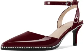 SAMMITOP Womens Slingback Kitten Heels Pointed Toe Low Heel Ankle Strap Pumps Slip On Comfortable Wedding Party Beaded Dress Shoes 2.4 Inch