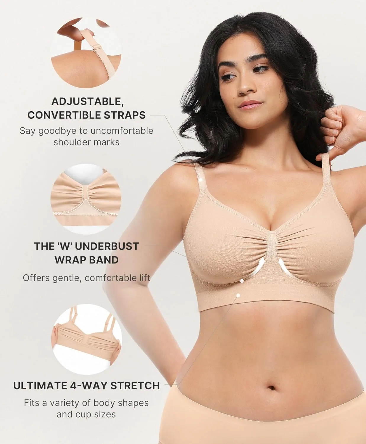 SHAPELLX Wireless Comfy Bra for Women Seamless Bra Non Padded Soft Bralette V Neck Everyday Bras with 4 Rows of Hooks