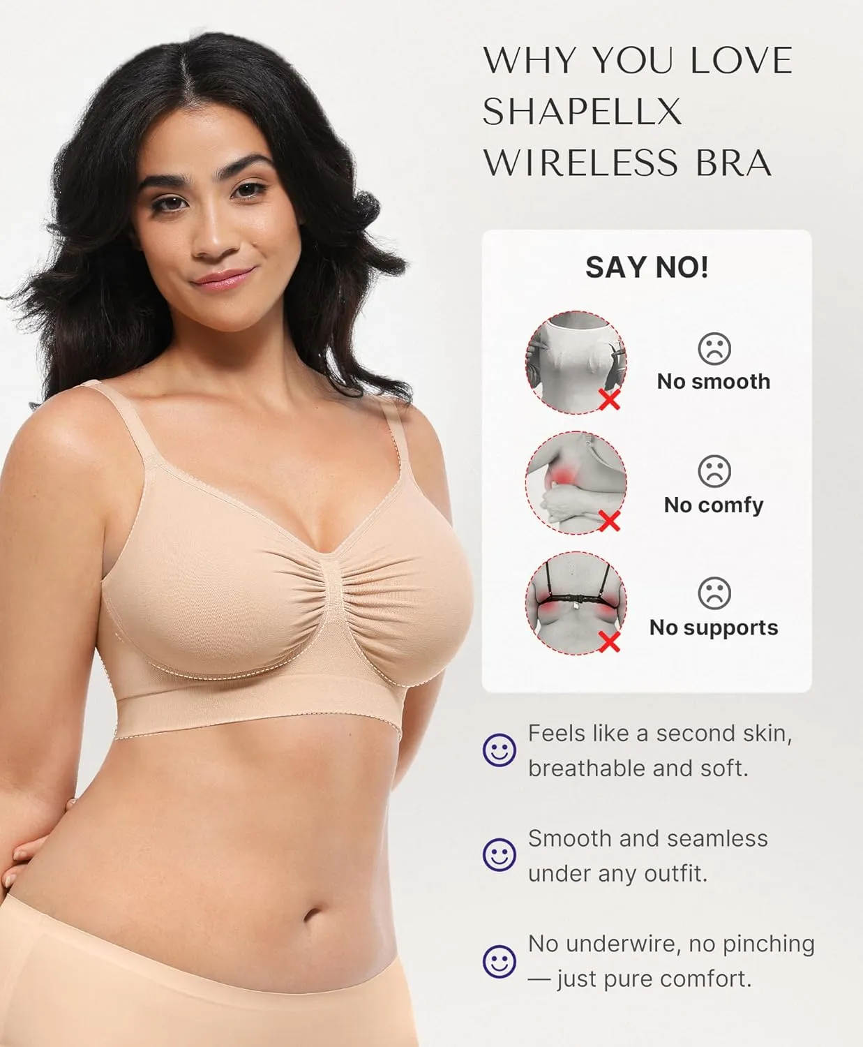 SHAPELLX Wireless Comfy Bra for Women Seamless Bra Non Padded Soft Bralette V Neck Everyday Bras with 4 Rows of Hooks