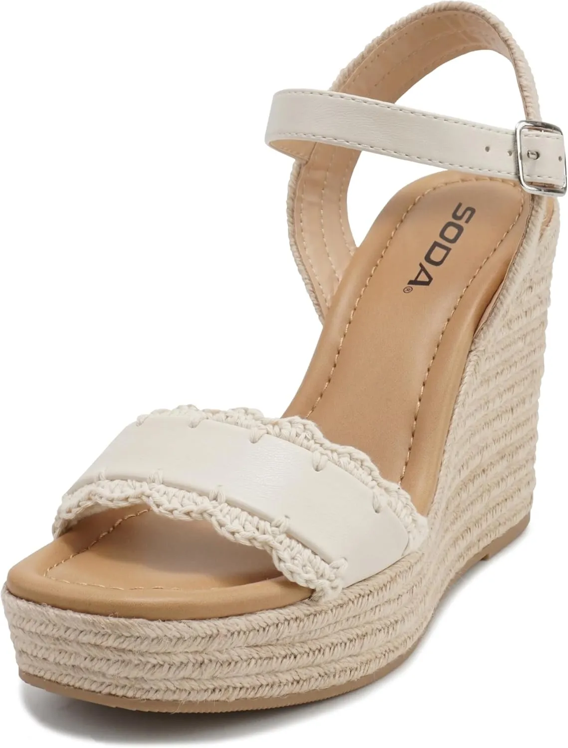 Soda Virtual ~ Women Square Toe Woven Single Band Espadrille Wedge Sandal with Adjustable Ankle Strap