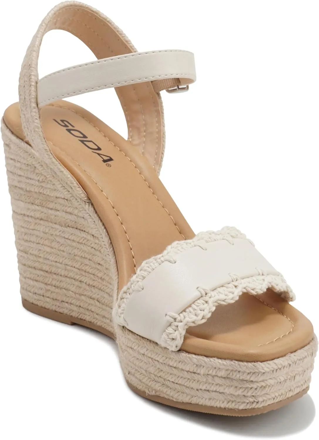 Soda Virtual ~ Women Square Toe Woven Single Band Espadrille Wedge Sandal with Adjustable Ankle Strap