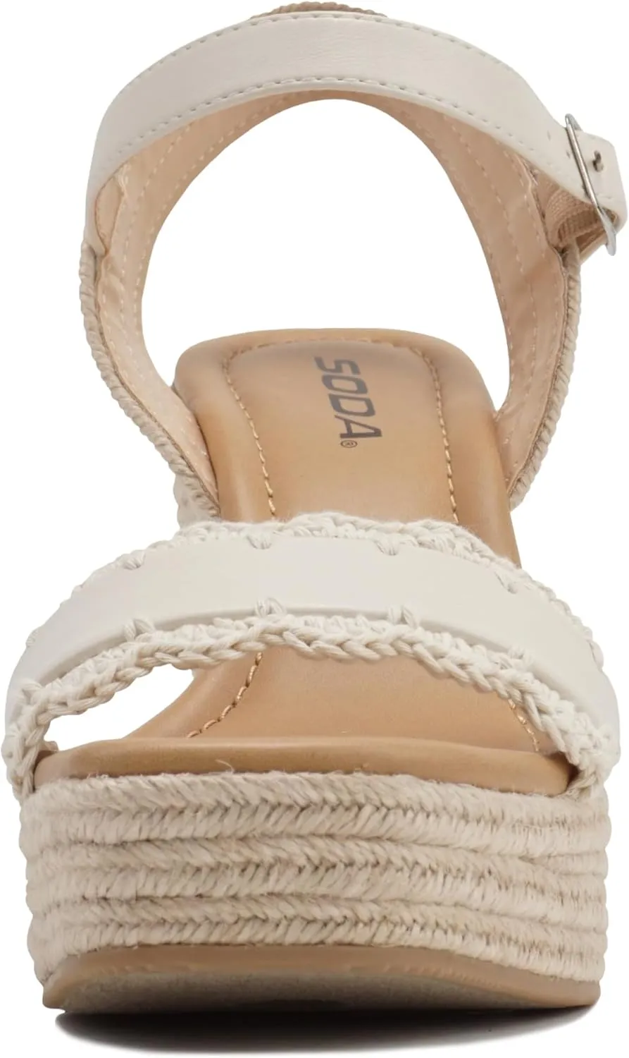 Soda Virtual ~ Women Square Toe Woven Single Band Espadrille Wedge Sandal with Adjustable Ankle Strap