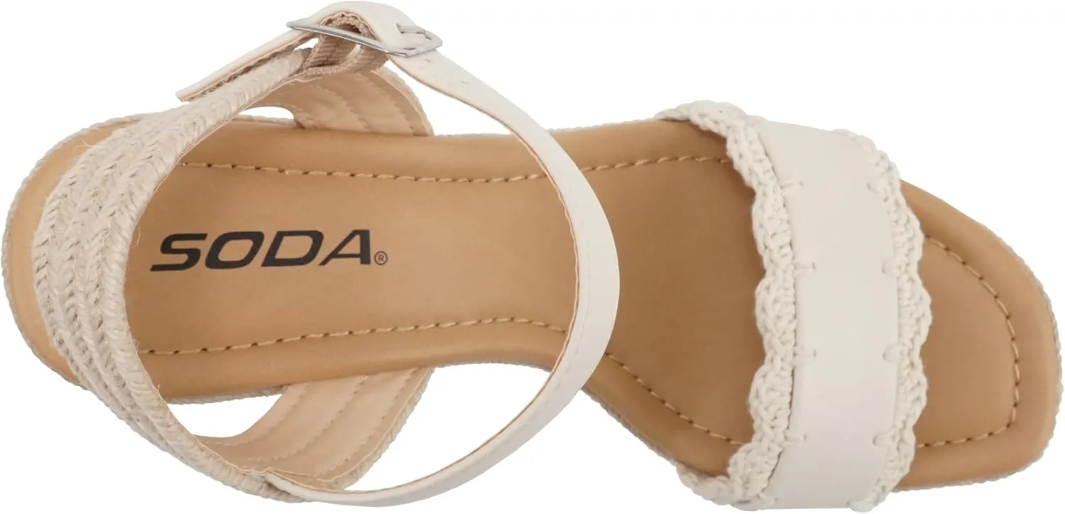 Soda Virtual ~ Women Square Toe Woven Single Band Espadrille Wedge Sandal with Adjustable Ankle Strap