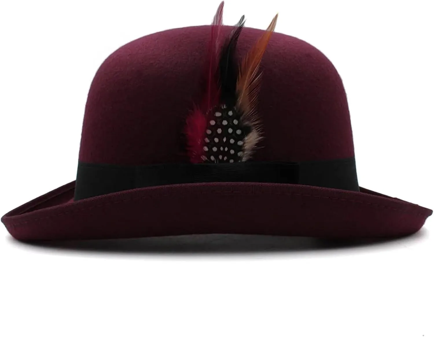 Top Hats Men Women Wool Blend Oval Top Bowler Hats Woolen Fedora Caps Feather Sunhat Adjustable UK M-L US 7 1/8-7 3/8(Wine Red,Wool Blend)