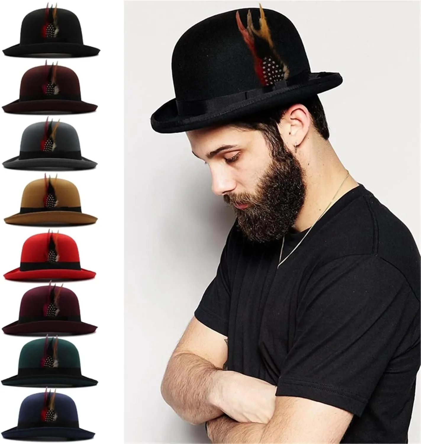 Top Hats Men Women Wool Blend Oval Top Bowler Hats Woolen Fedora Caps Feather Sunhat Adjustable UK M-L US 7 1/8-7 3/8(Wine Red,Wool Blend)