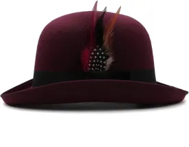 Top Hats Men Women Wool Blend Oval Top Bowler Hats Woolen Fedora Caps Feather Sunhat Adjustable UK M-L US 7 1/8-7 3/8(Wine Red,Wool Blend)