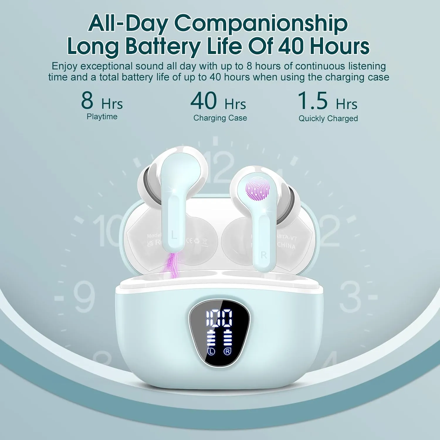 Wireless Earbuds, Bluetooth 5.4 Headphones HiFi Stereo, Bluetooth Earbuds with ENC Noise Cancelling Mic, IP7 Waterproof in Ear Earphones, 48H, LED Display Ear buds for Pad Workout Sports, Azure