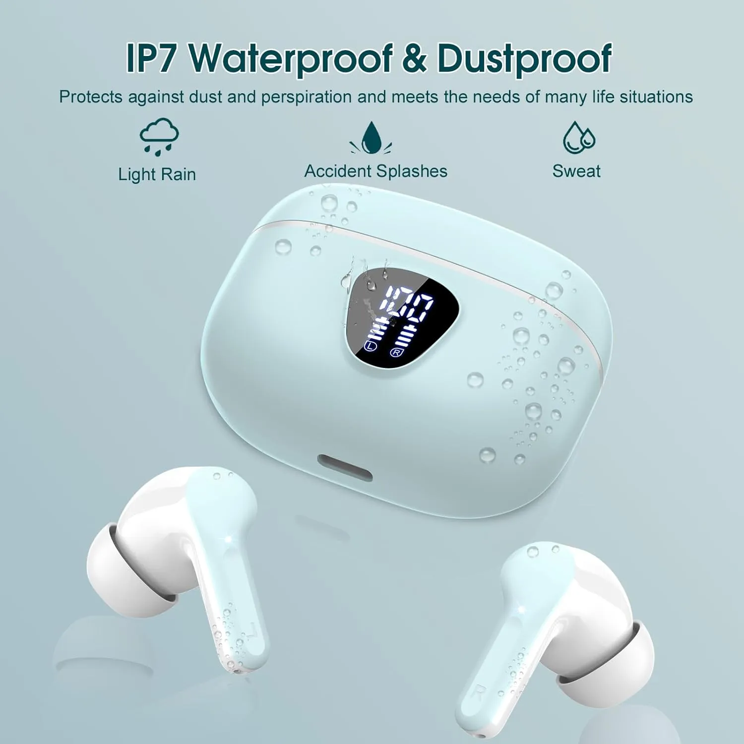 Wireless Earbuds, Bluetooth 5.4 Headphones HiFi Stereo, Bluetooth Earbuds with ENC Noise Cancelling Mic, IP7 Waterproof in Ear Earphones, 48H, LED Display Ear buds for Pad Workout Sports, Azure