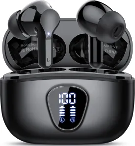 Wireless Earbuds, Bluetooth 5.4 Headphones HiFi Stereo, Bluetooth Earbuds with ENC Noise Cancelling Mic, IP7 Waterproof in Ear Earphones, 48H, LED Display Ear buds for Pad Workout Sports, Black