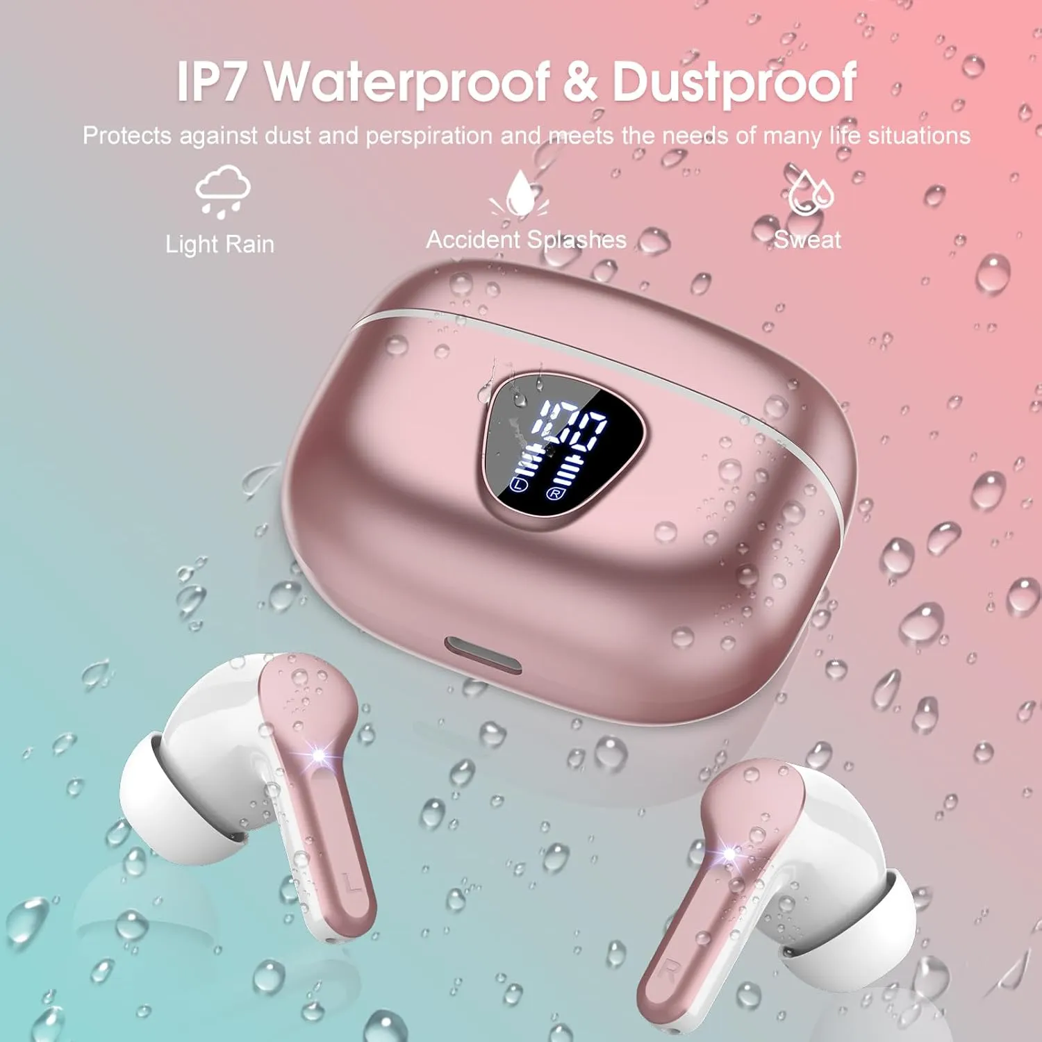 Wireless Earbuds, Bluetooth 5.4 Headphones HiFi Stereo, Bluetooth Earbuds with ENC Noise Cancelling Mic, IP7 Waterproof in Ear Earphones, 48H, LED Display Ear buds for Pad Workout Sports, Rose Gold