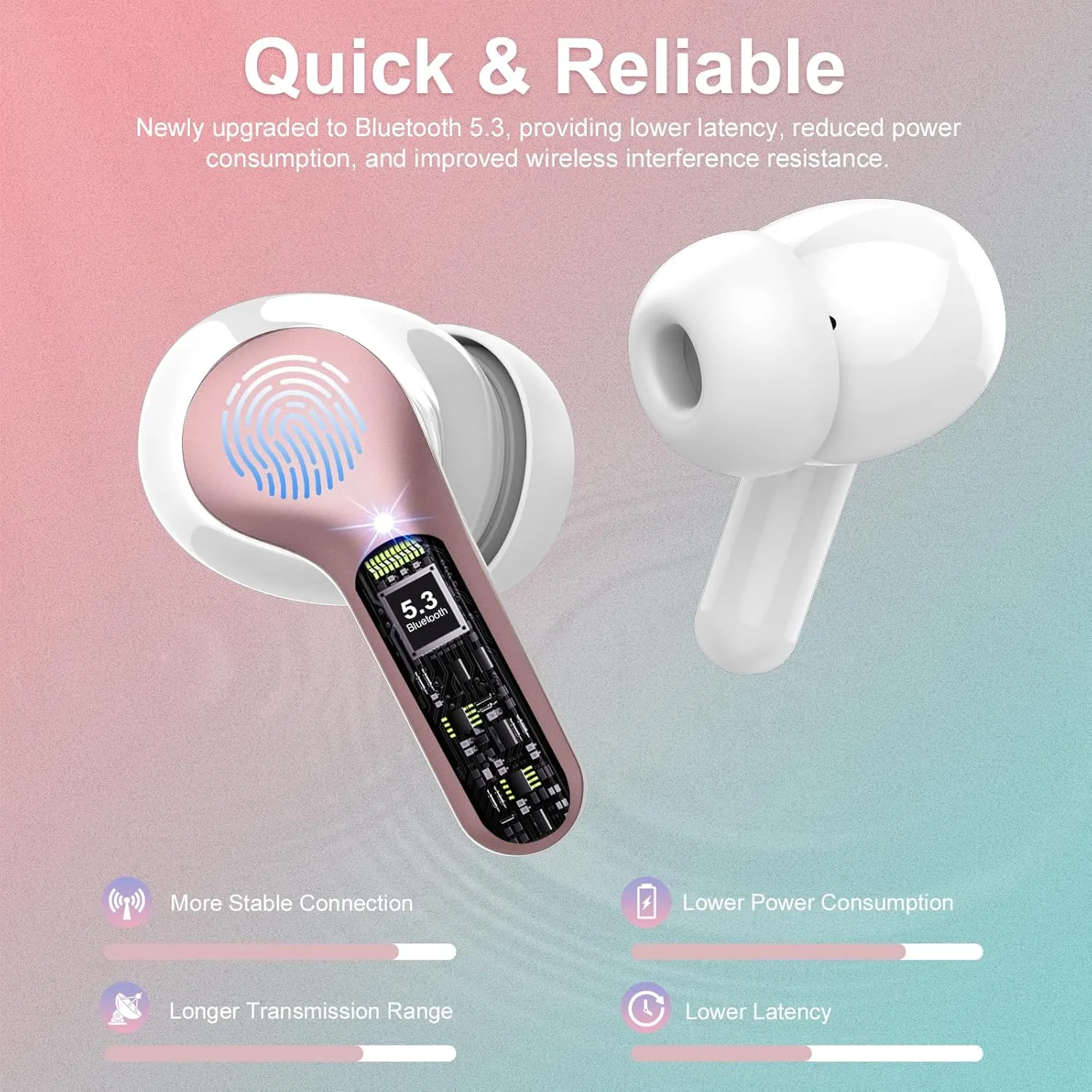 Wireless Earbuds, Bluetooth 5.4 Headphones HiFi Stereo, Bluetooth Earbuds with ENC Noise Cancelling Mic, IP7 Waterproof in Ear Earphones, 48H, LED Display Ear buds for Pad Workout Sports, Rose Gold