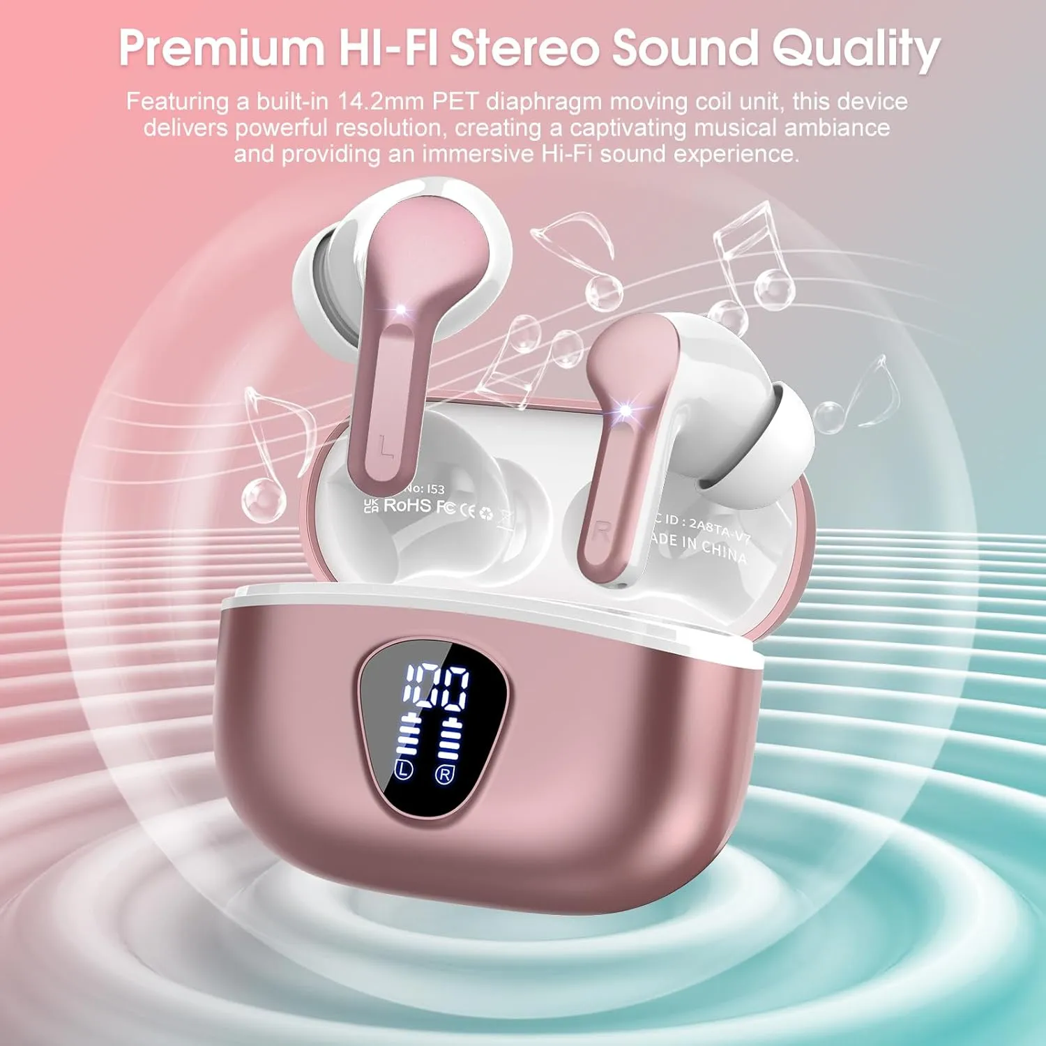 Wireless Earbuds, Bluetooth 5.4 Headphones HiFi Stereo, Bluetooth Earbuds with ENC Noise Cancelling Mic, IP7 Waterproof in Ear Earphones, 48H, LED Display Ear buds for Pad Workout Sports, Rose Gold