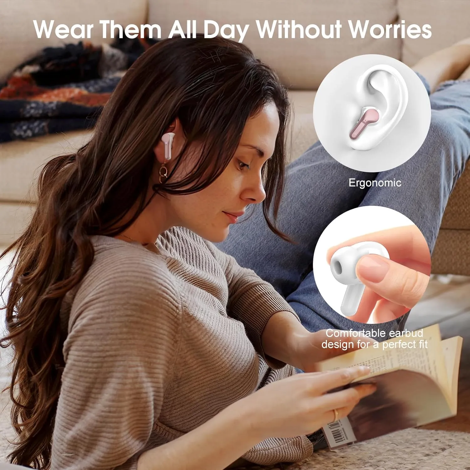 Wireless Earbuds, Bluetooth 5.4 Headphones HiFi Stereo, Bluetooth Earbuds with ENC Noise Cancelling Mic, IP7 Waterproof in Ear Earphones, 48H, LED Display Ear buds for Pad Workout Sports, Rose Gold