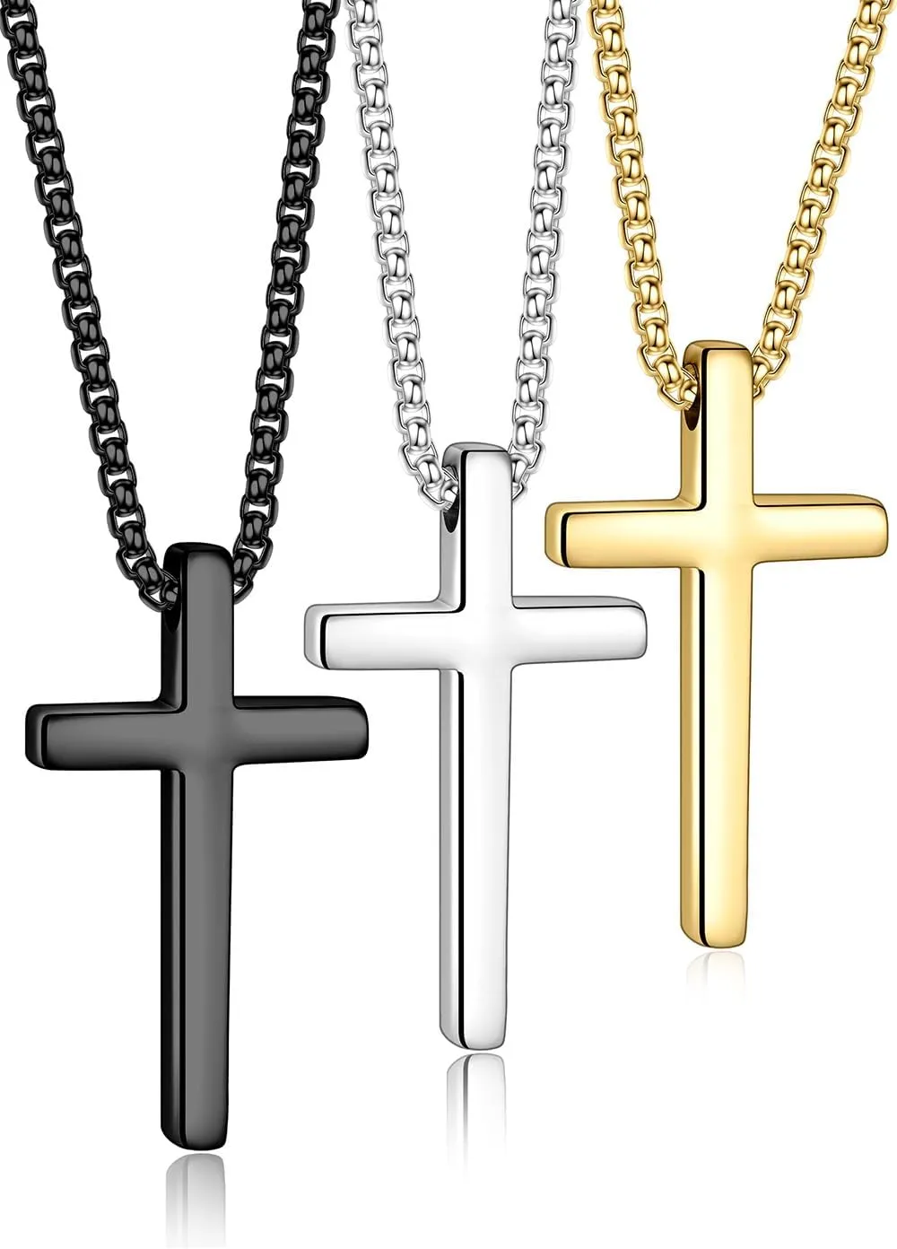 Yooblue 2/3 Pcs Cross Necklace for Men, Silver Black Gold Cross Chain Necklace, Stainless Steel Cross Pendant Jewelry Gifts for Men 16-30 Inches